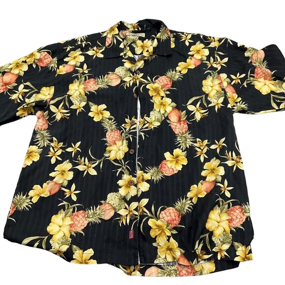 Tommy Bahama Shirt Men Large Black Gold Peach Pineapple Orchid Aloha Tropical - Picture 1 of 9